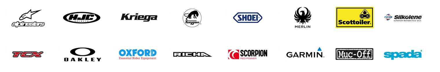 Logos for Alpinestars, HJC, Kriega, Furygan, Shoei, Merlin, Scottoiler, Silkolene, TCX, Oakley, Oxford, Richa, Scorpion, Garmin, Muc-Off & Spada